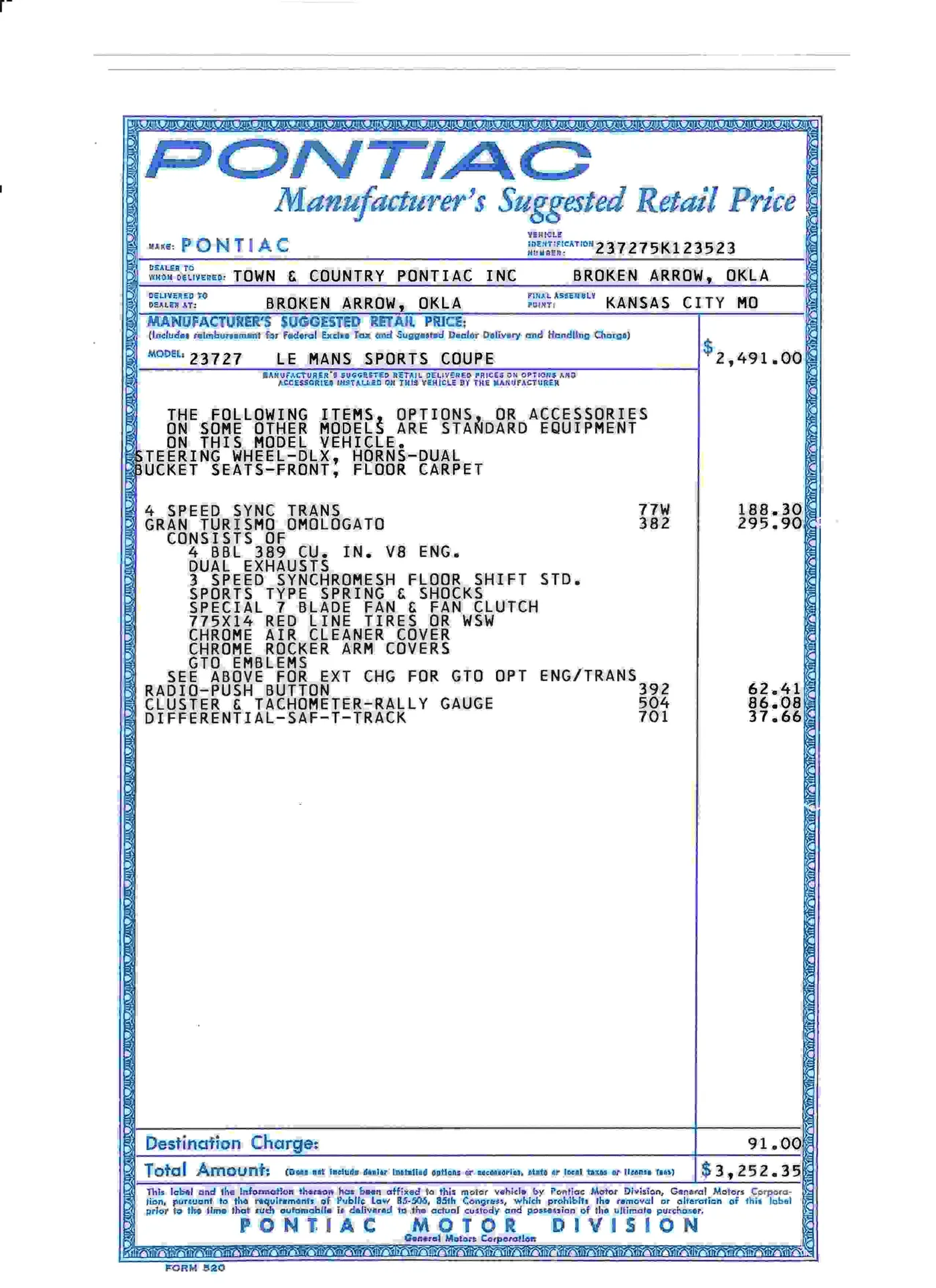 Pontiac Manufacturer's Suggested Retail Price label for VIN 237275K123523