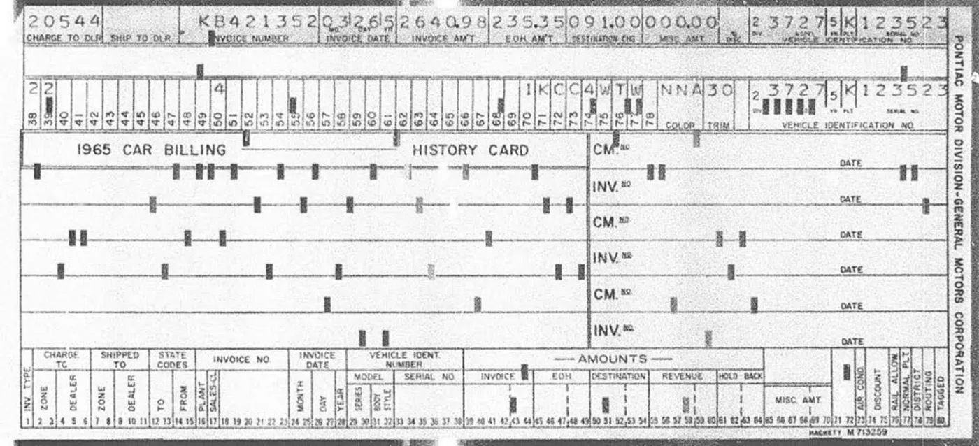 1965 Car Billing History Card, page 1