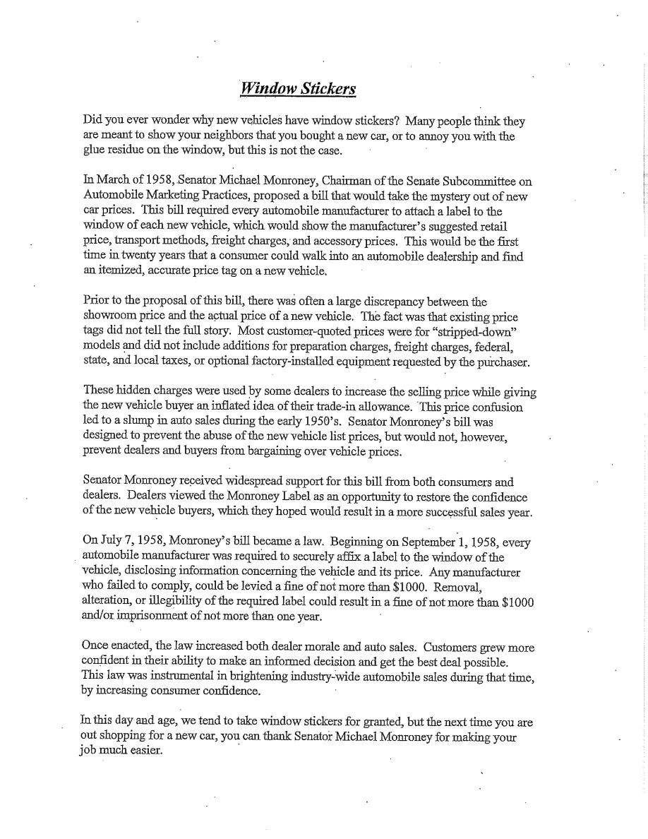 History of the Monroney Label and Window Sticker, page 1